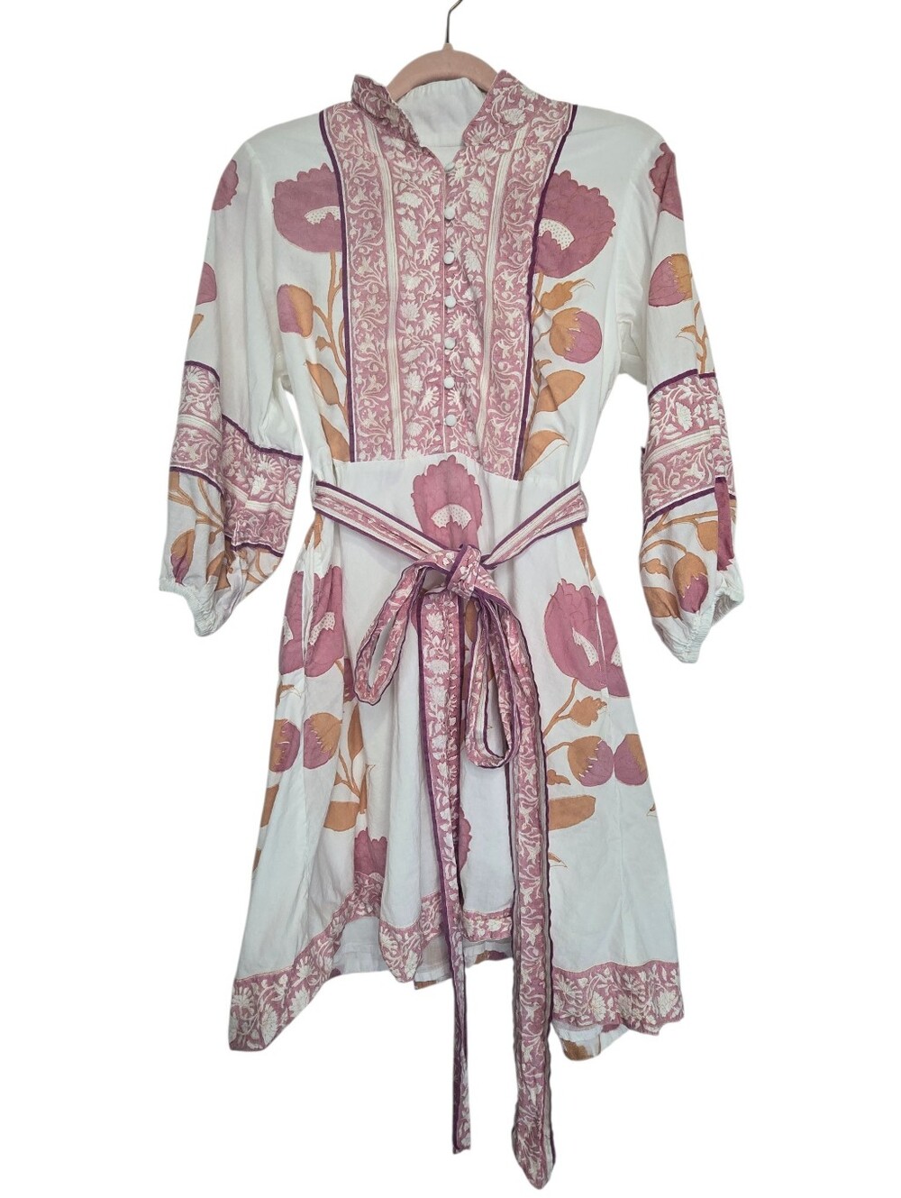 Sue Sartor Flounce Shorty Dress white with pink floral print and a belted waist